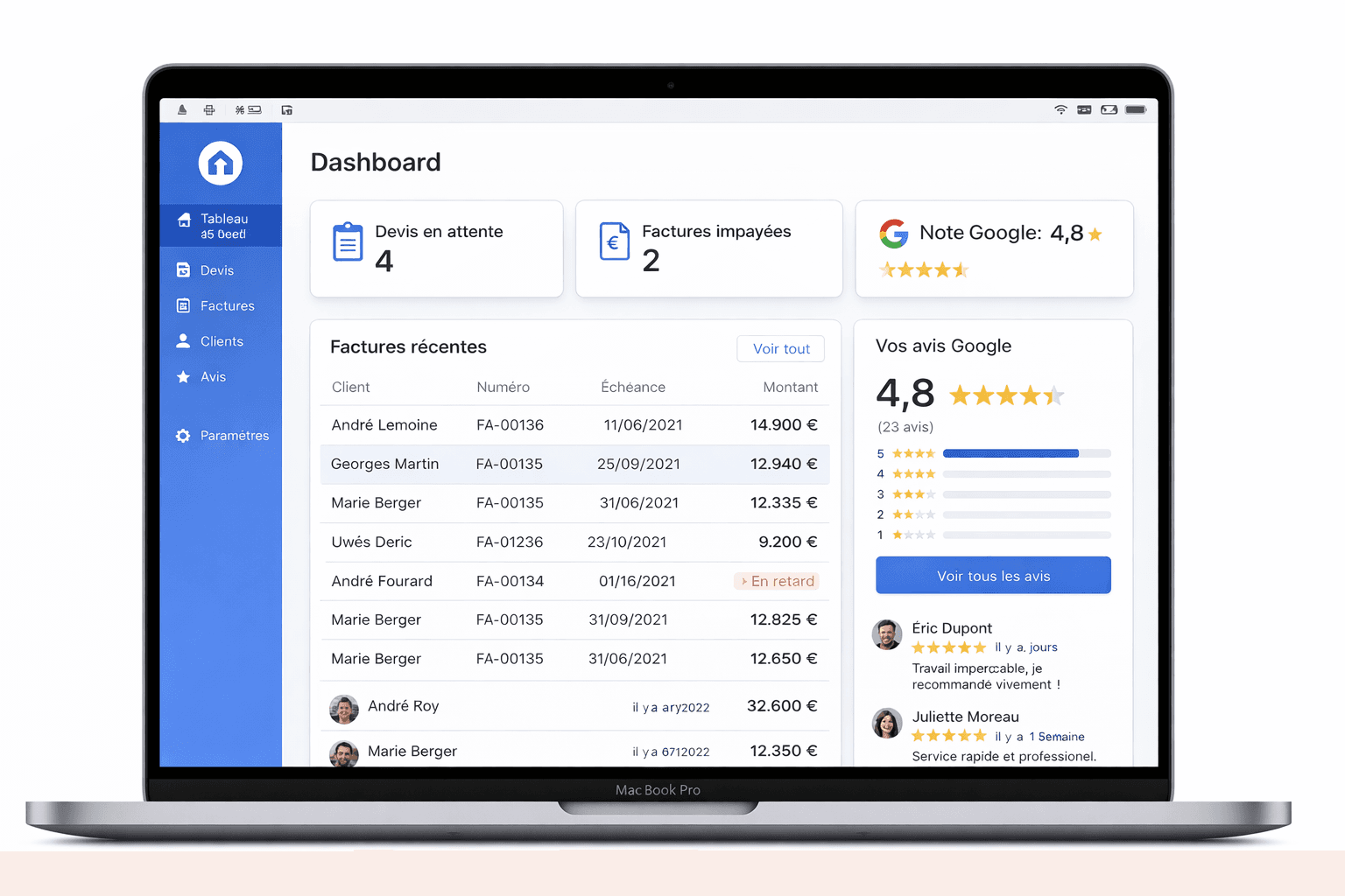 Interface Facturier.pro — Dashboard sur ordinateur